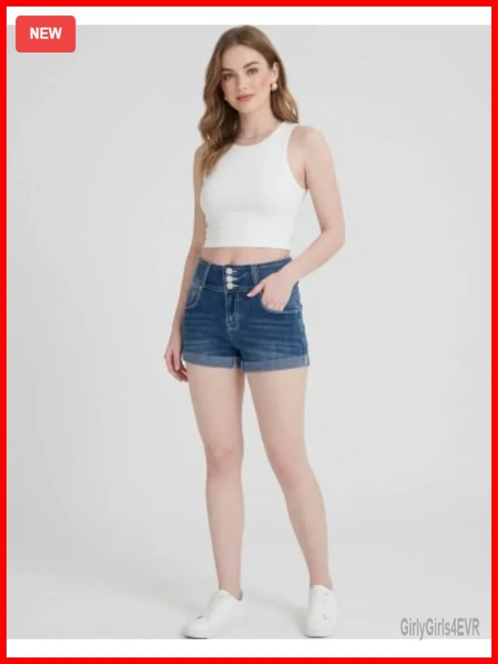 High Waisted Cuffed Denim Shorts Triple Button Fly Vintage Wash High Stretch